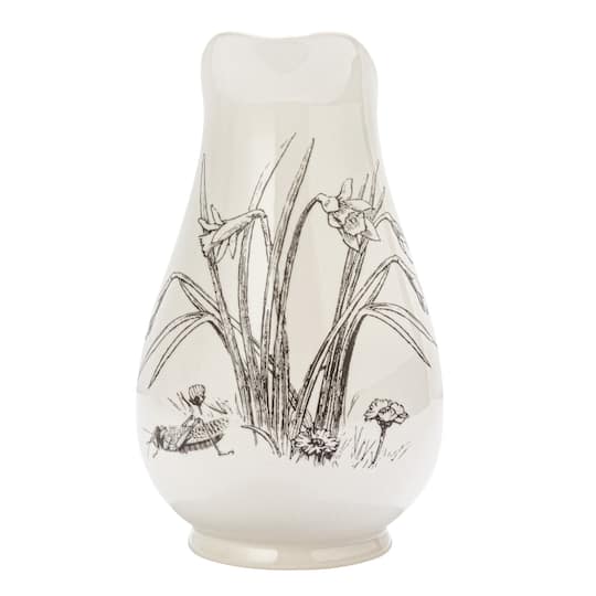 2qt. White &#x26; Charcoal Flower Design Stoneware Pitcher